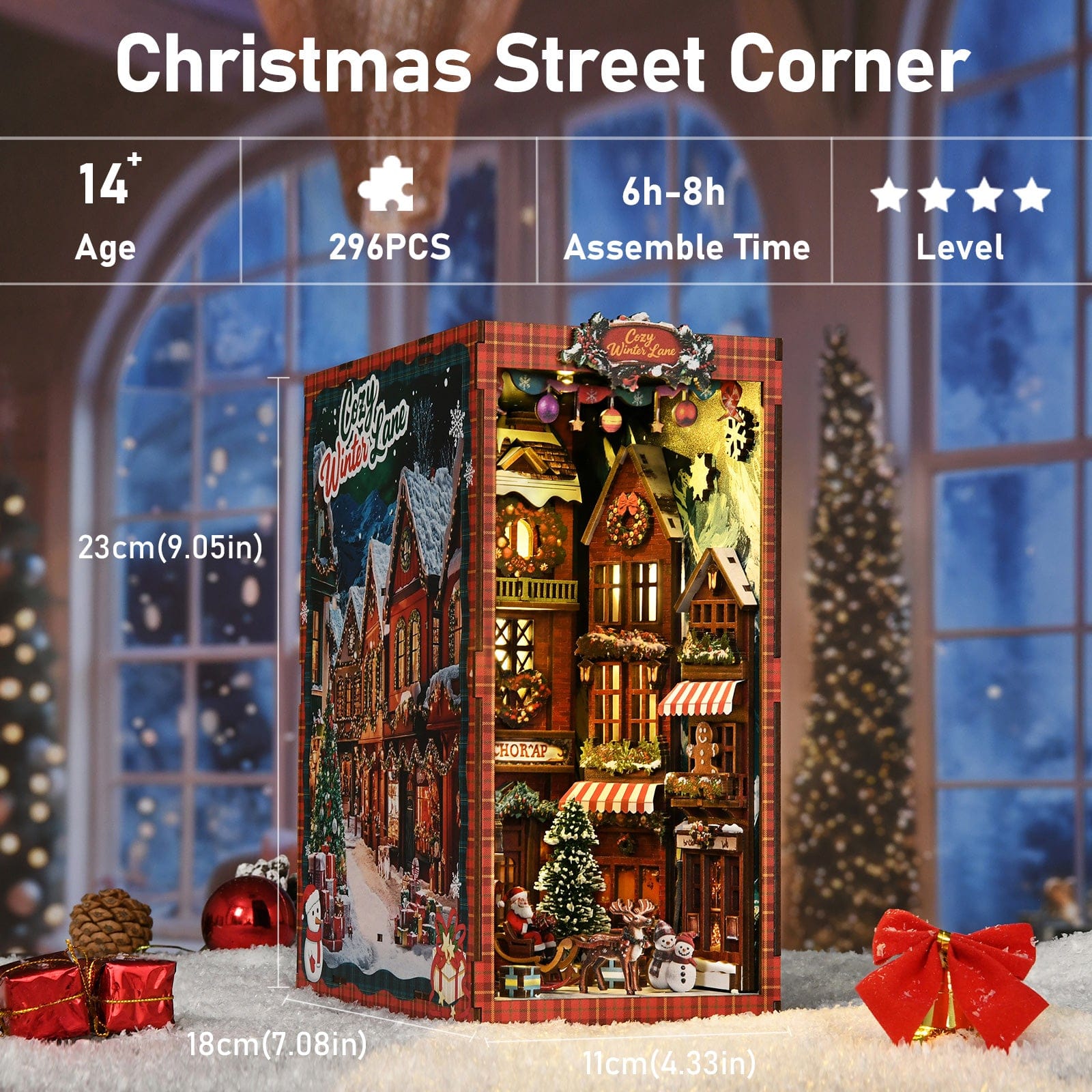 Book Nook Kits 296 Pieces | 23×18×11 cm (9.05"×7.08"×4.33") Christmas Street Corner - DIY Book Nook Kit